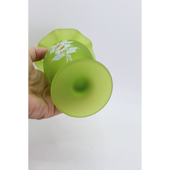 Westmoreland Frosted Green Satin Glass Pedestal Vase With Hand-Painted Floral De - Picture 5 of 7